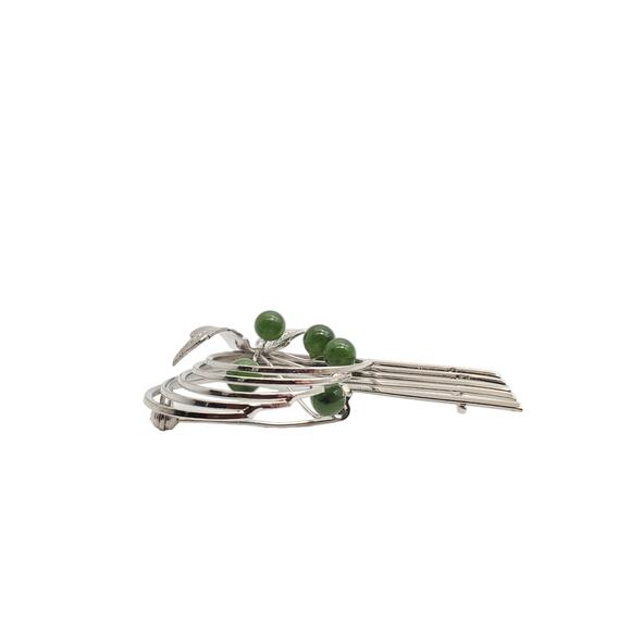 Jade Abstract Brooch Silver Tone Leaf Pin Green Stone Vintage 1960s Modernist - Picture 9 of 9